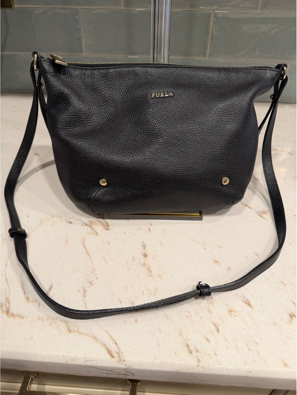 Furla Black Pebbled Leather Crossbody Bag Gold Hardware EUC